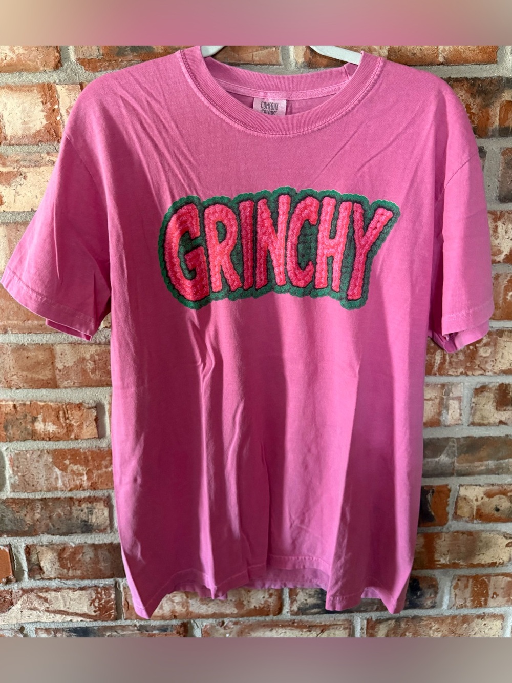 Comfort Colors Pink Graphic Tee with Green Trim 'GRINCHY'